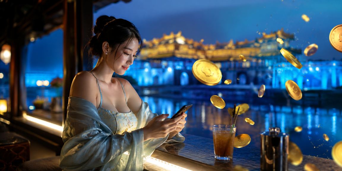 Cô gái Huế mặc áo dài chơi casino trên điện thoại di động bên sông Hương